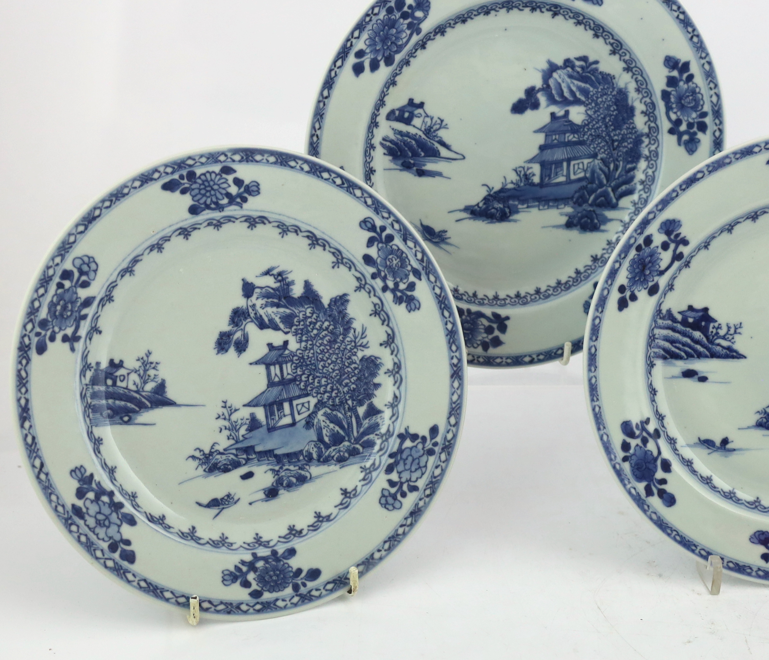 A set of twelve Chinese Nanking Cargo ‘Boatman’ blue and white plates, Qianlong period